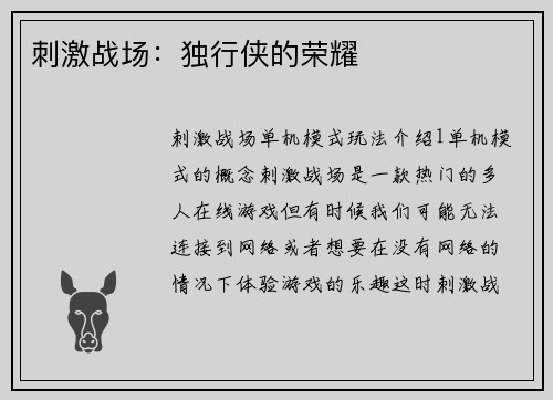 刺激战场：独行侠的荣耀